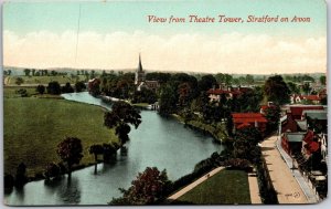 View From Theatre Tower Stratford-On-Avon England River Church Roadways Postcard