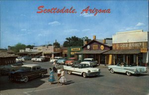 Scottsdale Arizona AZ Street Scene Cars Visible Signs 1950s-60s Postcard