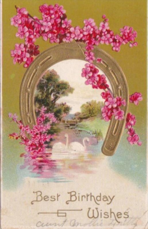 Birthday Wishes Horseshoe Red Flowers and White Swans 1910