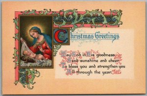 1910s Gibson CHRISTMAS GREETINGS Embossed Postcard Madonna w/ Baby Jesus UNUSED