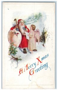 c1910's Christmas Greetings Angel And Santa Claus Sack Of Toys Embossed Postcard