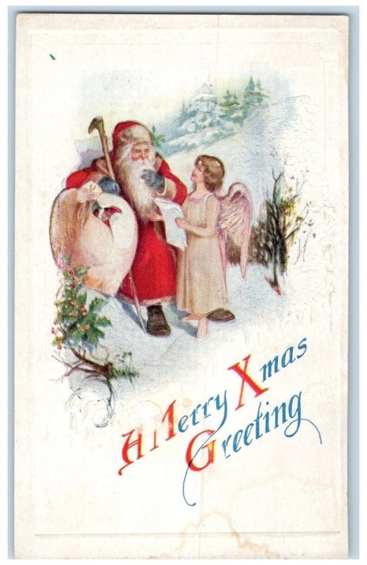 c1910's Christmas Greetings Angel And Santa Claus Sack Of Toys Embossed Postcard