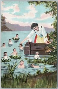 MULTIPLE BABIES BATHING ANTIQUE POSTCARD 