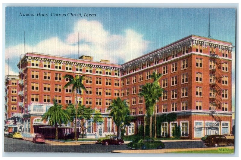 c1940 Nueces Hotel Building Classic Cars Trees Corpus Christi Texas TX Postcard
