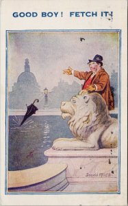 Comic Donald McGill Artist Man Lion Statue Good Boy Fetch Bamforth Postcard H16