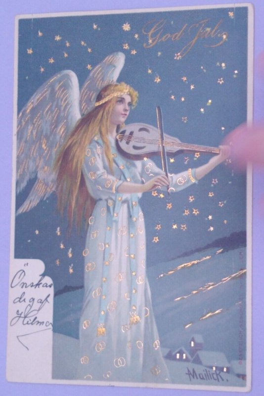 1904 Angel Plays Violin Signed Mailick Gilt Vintage Christmas Postcard Germany