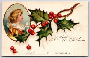 A Happy Christmas Baby Jesus And Holyleaf Cherry Greetings & Wishes Postcard