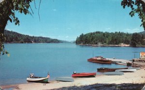 Postcard Speed Boats At Hotel Adirondack Dock Regattas On Long Lake New York NY