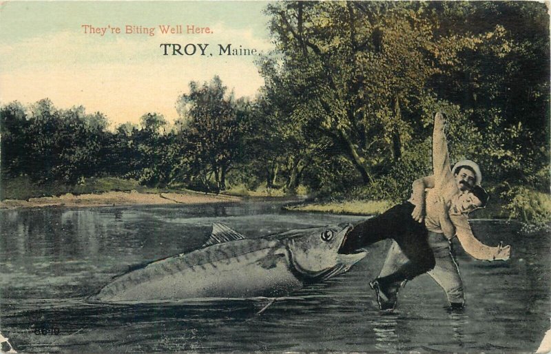 Fishing exaggeration monster freak fishes Troy Maine by J. Herman 1913 postcards 