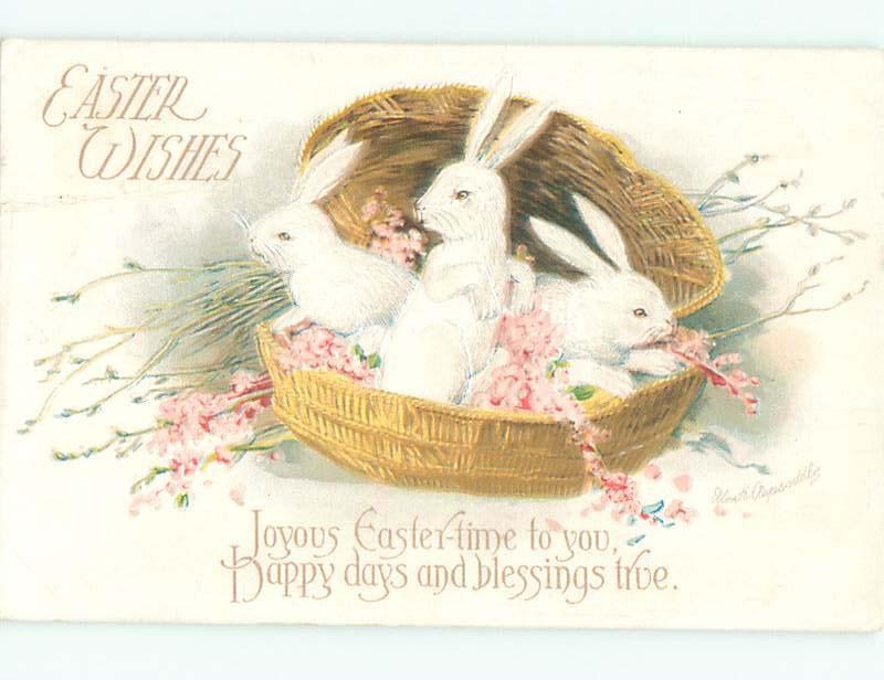 Pre-Linen Easter CUTE BUNNY RABBITS SITTING IN BASKET AB3543