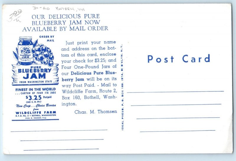 Wildcliffe Farm Pure Blueberry Jam Bothell Washington WA Advertising Postcard