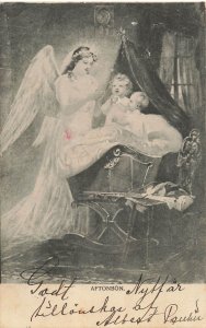 1904 Sweden Angel Watching Over Babies Cradle New Year Postcard Chicago