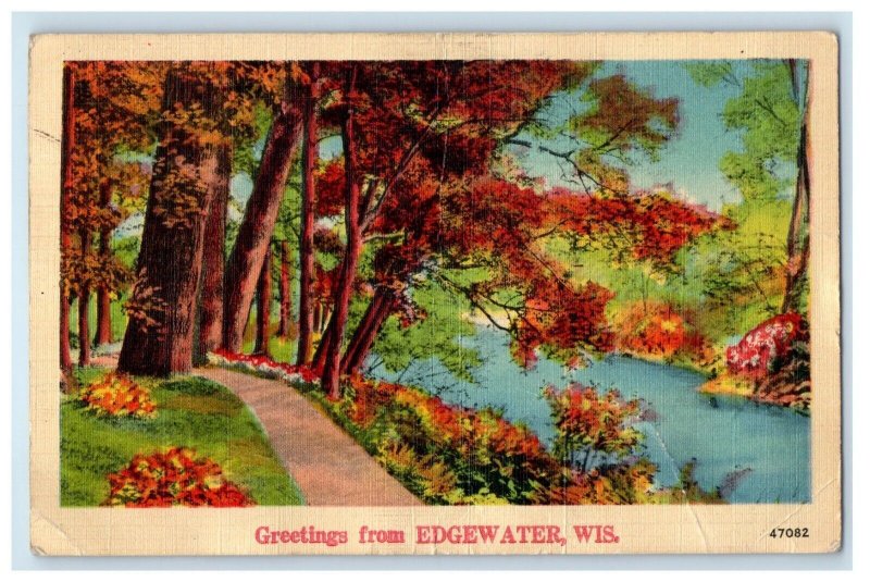 1946 Greetings From Edgewater Wisconsin WI, Road And Lake View Vintage Postcard 