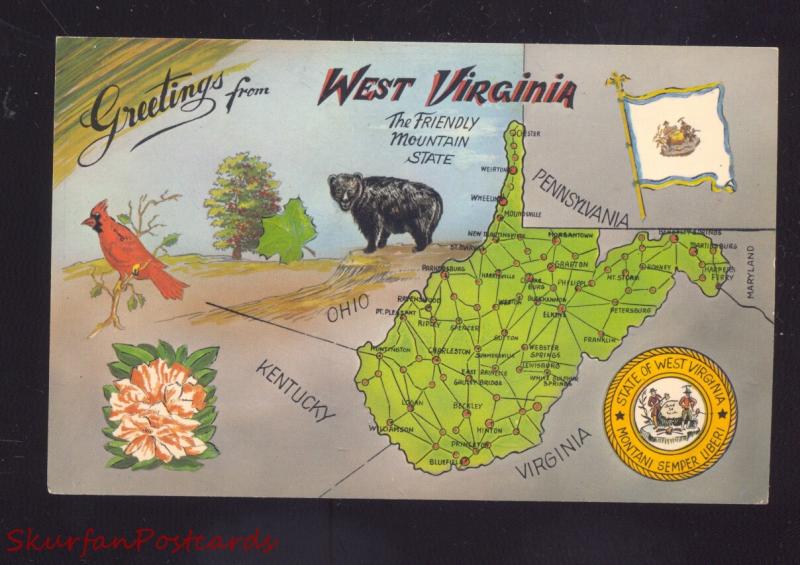 GREETINGS FROM WEST VIRGINIA MAP STATE OLD POSTCARD