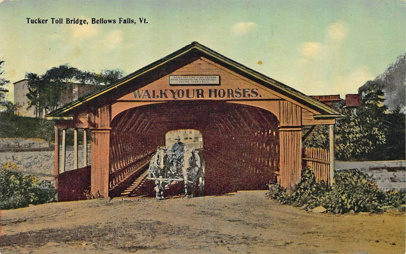 Bellows Falls VT Tucker Toll Covered Bridge Horse & Wagon Postcard