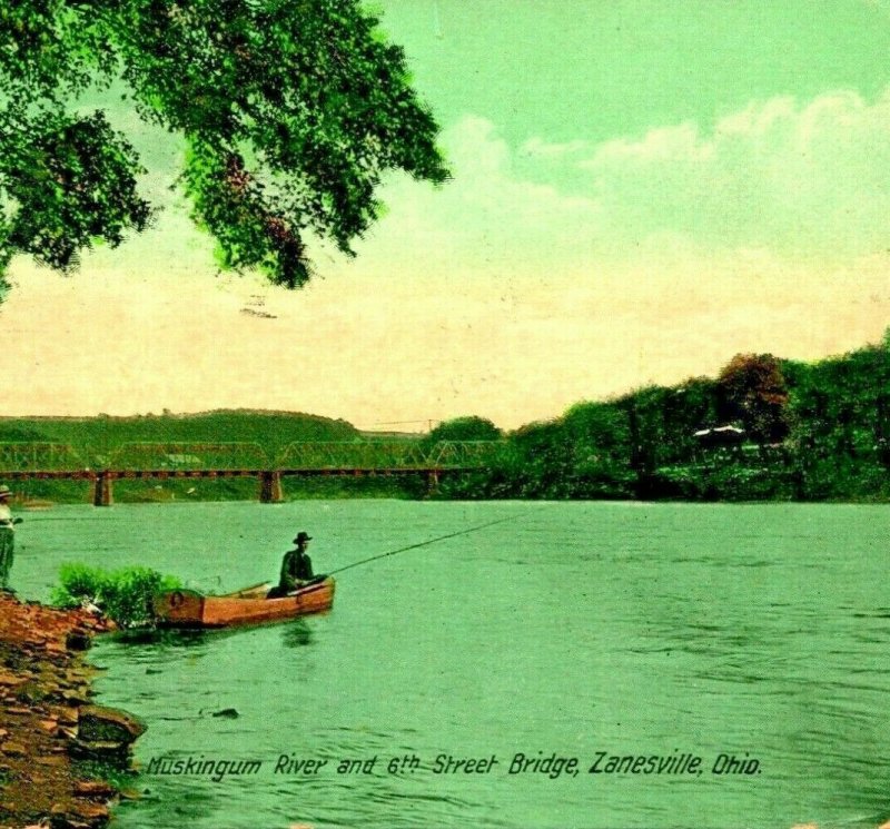 Muskingum River 8th Street Bridge Zanesville Ohio OH 1909 Vtg Postcard