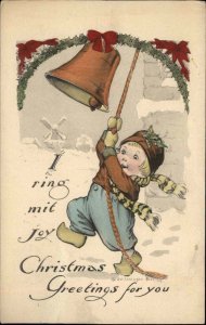 Christmas Chubby Little Dutch Boy Ringing Bells c1910 Vintage Postcard