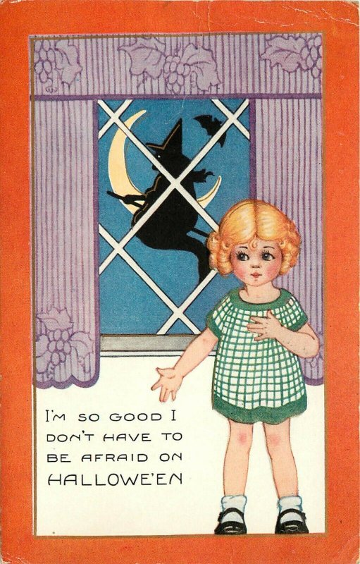 Whitney Embossed Halloween Postcard; Good Little Girl, Witch Flies by Outside