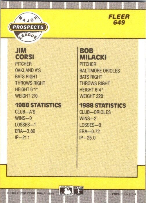 1989 Fleer Baseball Card Jim Corsi Bob Milacki sk2808