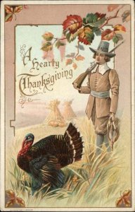 Thanksgiving Pilgrim Gun Turkey Embossed c1900s-20s Postcard