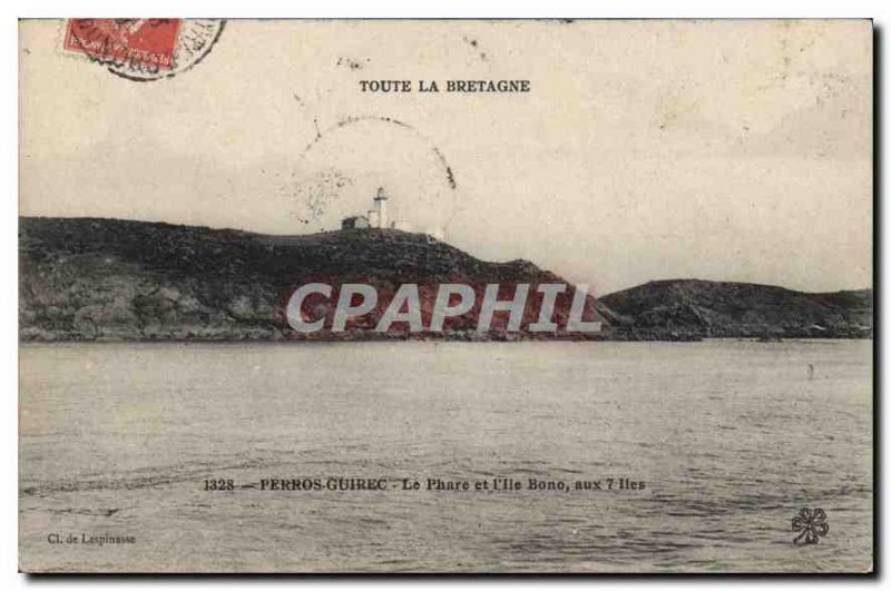 Old Postcard Perros Guirec Le Phare and Ile Bono
