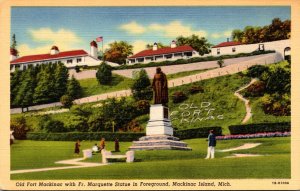 Michigan Mackinac Island Old Fort Mackinac With Father Marquette Statue In Fo...