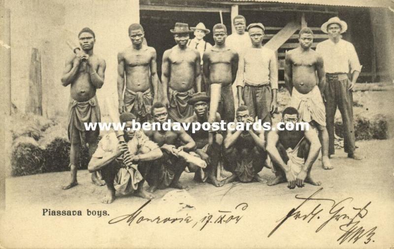 liberia, Group of Native Piassava Boys, Broom Makers (1904)