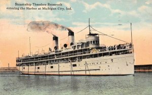 SHIP THEODORE ROOSEVELT ENTERING HARBOR AT MICHIGAN CITY INDIANA POSTCARD 1912