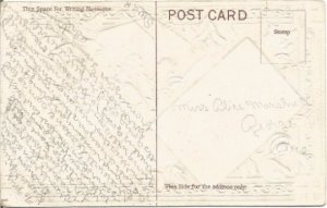 Envelope filled with pink roses Violets decorate this Vintage Postcard Greetings