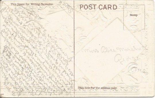 Envelope filled with pink roses Violets decorate this Vintage Postcard Greetings