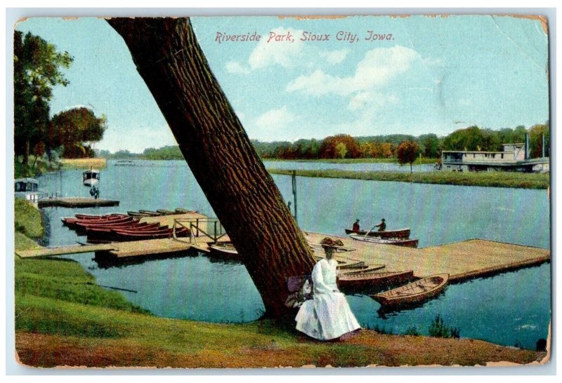 c1910's View Of Riverside Park Sioux City Iowa IA, Woman Boat Scene Postcard