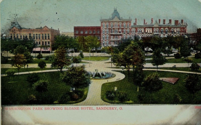 C.1910 Washington Park Showing Sloane Hotel, Sandusky, Ohio Vintage Postcard P53