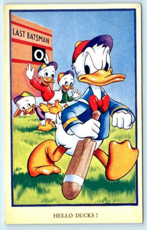 HELLO DUCKS Mickey Mouse Series DONALD DUCK BASEBALL Valentine Postcard