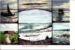 Multi Views, First Street in Plymouth MA Ships, Fort, Rock UDB Vtg Postcard O80
