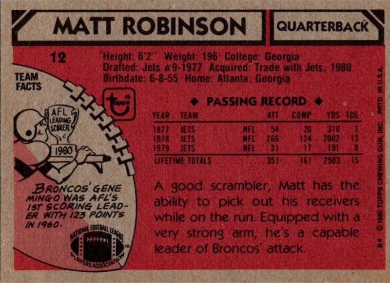 1980 Topps Football Card Matt Robinson QB Denver Broncos sun0162