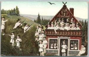 MULTIPLE BABIES HUNTING 1908 ANTIQUE POSTCARD w/ BELGIAN STAMP
