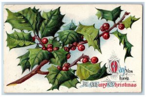 DeWitt Iowa IA Postcard Christmas Holly Berries Embossed 1909 Posted Antique