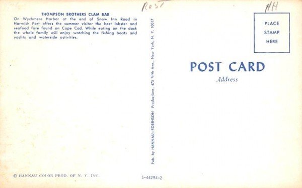 Thompson Brothers Clam Bar Cape Cod, Massachusetts Postcard