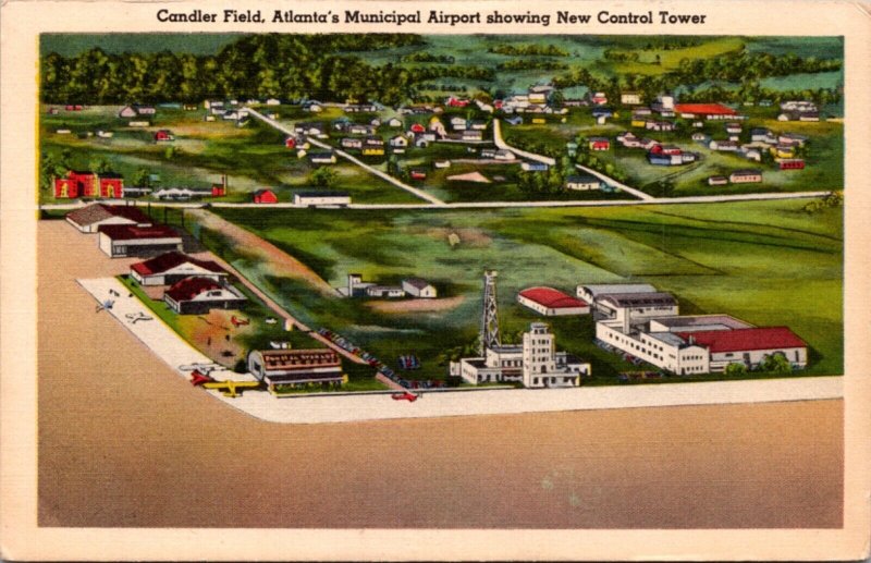 Linen Postcard Candler Field, Atlanta's Municipal Airport showing Control Tower