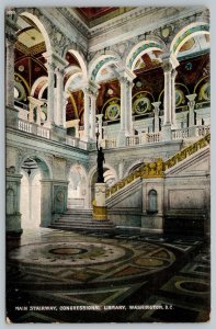 Postcard Washington DC c1908 Main Stairway Congressional Library Interior View