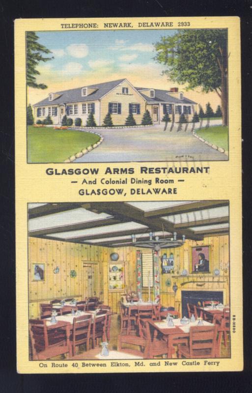 GLASGOW DELAWARE GLASGOW ARMS RESTAURANT LINEN OLD ADVERTISING POSTCARD