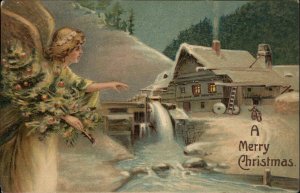 Christmas Beautiful Angel at Old Mill c1910 Vintage Postcard 