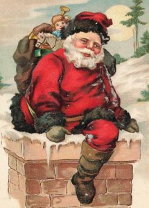 c1910 Christmas Santa Claus In Chimney Toys Sack Embossed Germany P113 