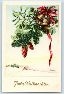 FG. Milan Artist Signed Postcard Christmas Pinecone Mistletoe Berries Austria