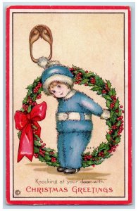 Christmas Postcard Greetings Cute Little Girl Knocking Door Big Whreath Berries