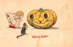 Halloween Postcard H. L. Woehler Girl Cat JOL Pumpkin HLW 1918 Vintage Original