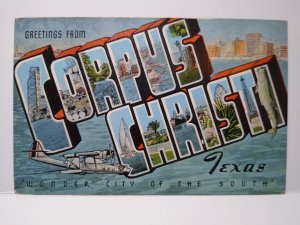 Greetings From Corpus Christi Texas Large Letter Linen Postcard Unused Airplane