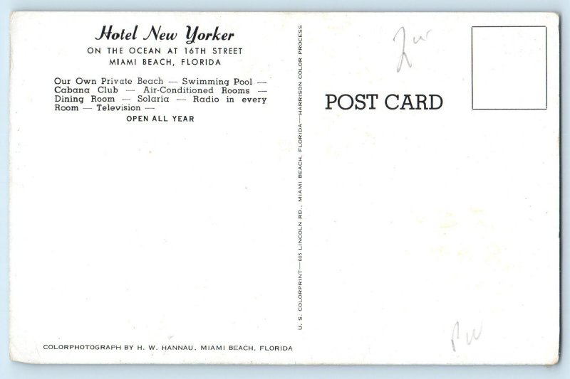 c1960 Miami Beach Florida Postcard Hotel New Yorker Ocean 16th Street Building