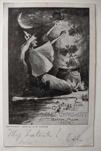 Salem Witch Flying Devils Out Of Cauldron Moon Black Cat Postcard 1905 WB Porter