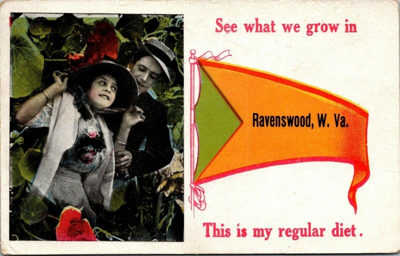 Vtg Ravenswood West Virginia WV Pennant Flag Greetings Couple 1910s Postcard